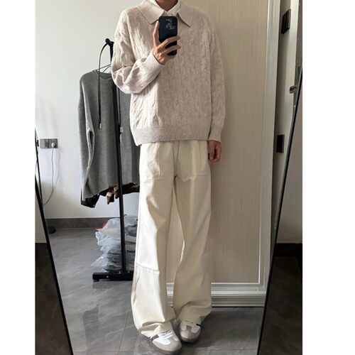 【FFYY】同款衣服燕麦系穿搭翻领毛衣cegffh针织衫男搭配杏色裤子