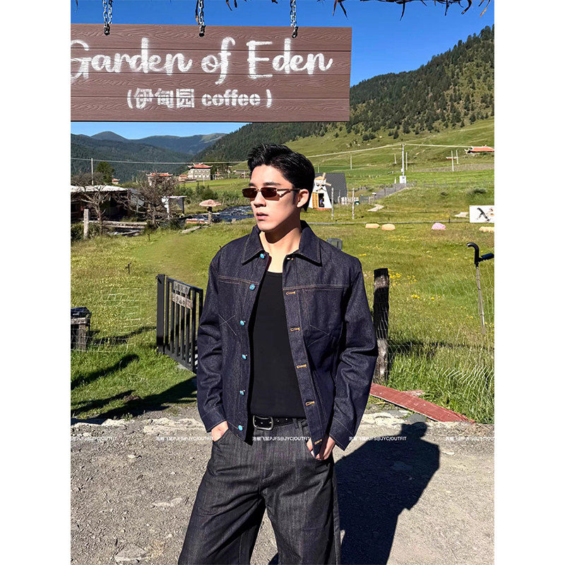 绿松石翻领正肩丹宁蓝牛仔夹克男高级感痞帅休闲时尚短款工装外套图片