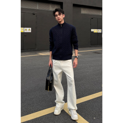 人夫感穿搭白色牛仔裤男款秋季cleanfit弯刀直筒裤痞帅休闲长裤子