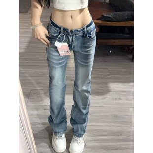 美式复古猫须低腰微喇叭牛仔裤女春秋款设计感做旧辣妹弹力休闲裤