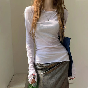 韩系辣妹白色长袖T恤女春秋季薄款微透防晒罩衫修身打底内搭上衣