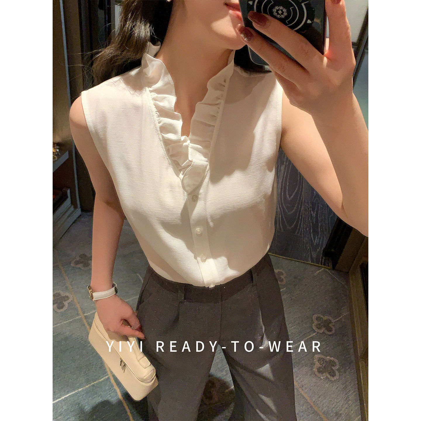 [春日万金油]小个子法式 V 领荷叶边衬衫女2026新款春季白色内搭