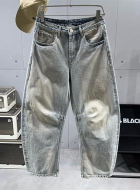 2025新款高街复古做旧水洗弯刀牛仔裤男潮牌宽松阔腿香蕉拖地裤子