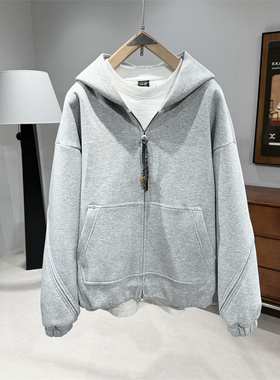 秋冬加厚连帽开衫卫衣男士休闲风廓形上衣潮牌宽松双拉链重磅外套