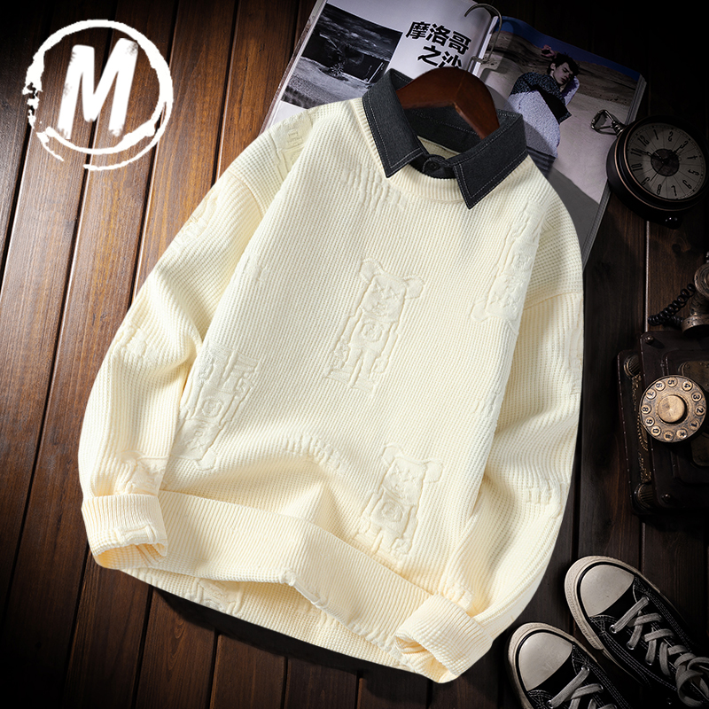秋冬款2025衬衫领假两件毛衣男士纯色打底衫保暖带领男士针织衫潮