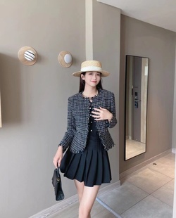 【先用后付】  春秋小香风格子显瘦流苏开衫长袖毛呢短外套上衣女