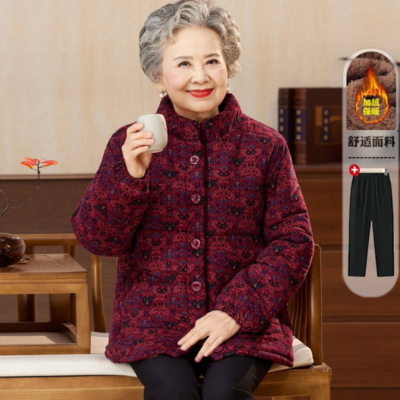 冬季加绒加厚碎花立领妈妈棉服
