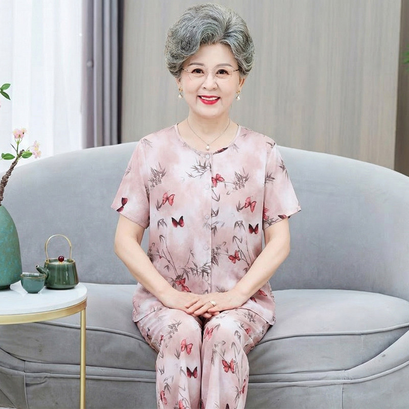 中年妈妈夏装新款棉绸碎花套装
