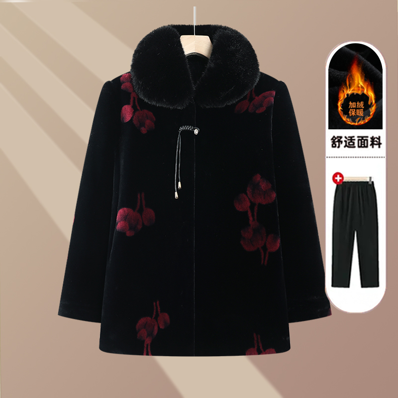 奶奶秋冬加绒外套老太太中长款仿皮草大码上衣女妈妈加厚保暖大衣
