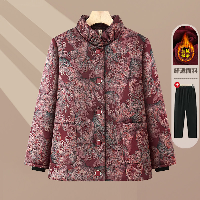 冬季中老年女装毛领印花棉服