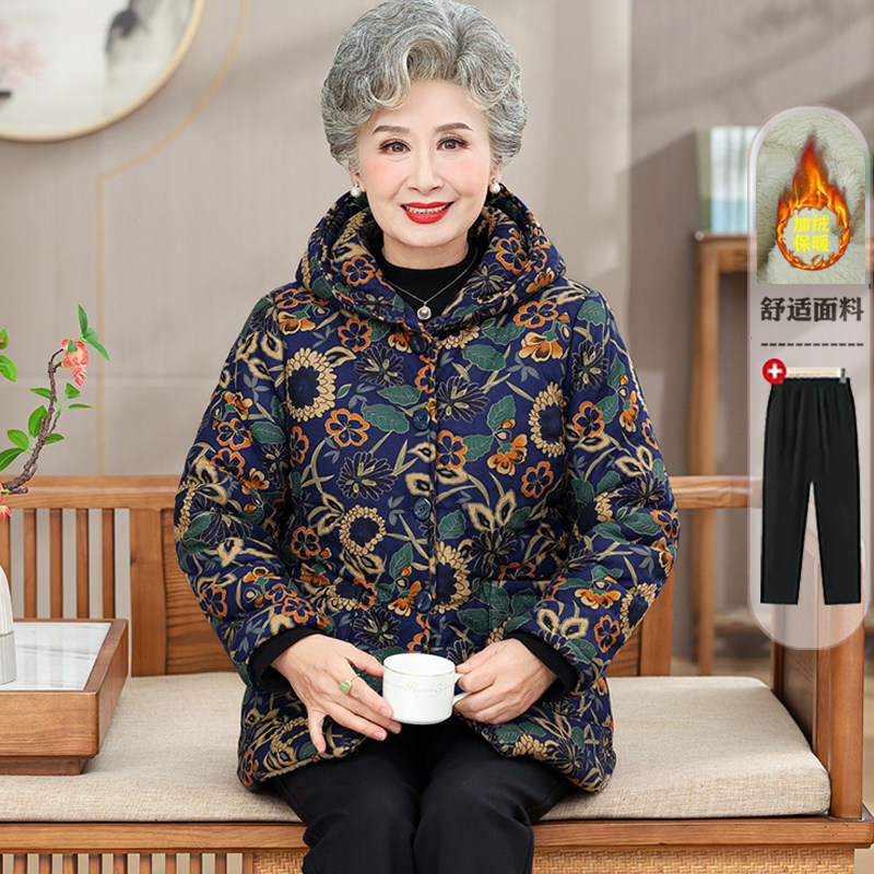 冬季中老年女加绒加厚连帽棉服