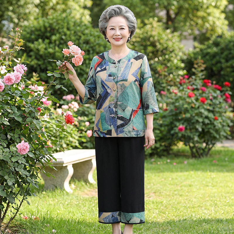 奶奶夏装套装女中老年人两件套