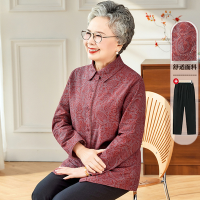 奶奶春装纯棉衬衫套装女