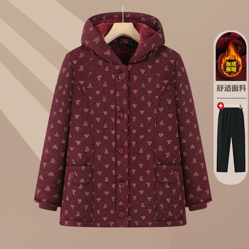 中老年女连帽加绒保暖中长棉服