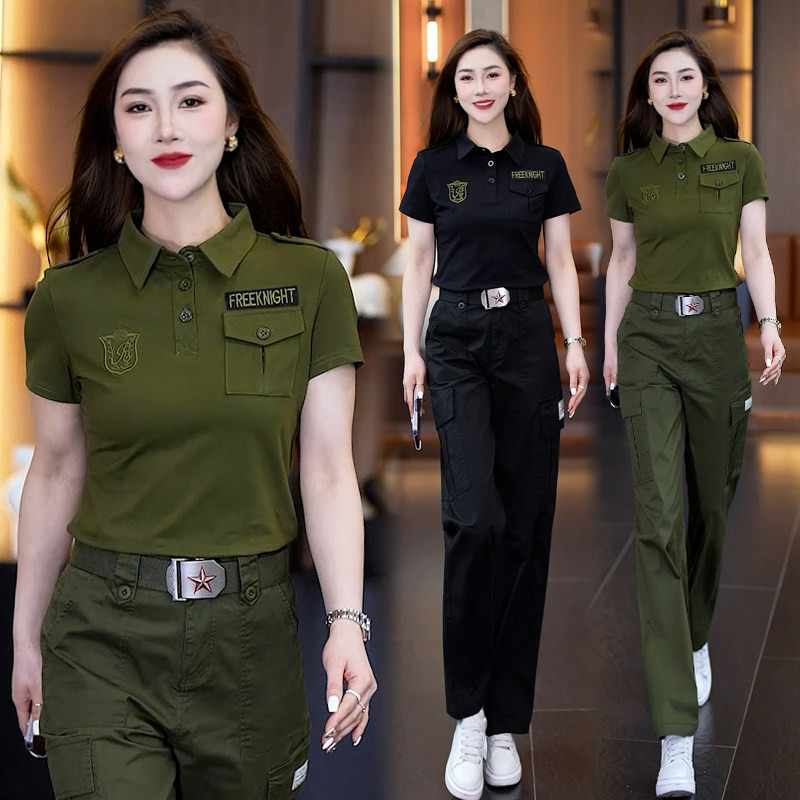 鹿知衣高档夏季套装迷彩服女新款显瘦短袖长裤两件套休闲工装裤