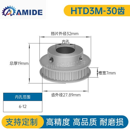 3M-30齿同步轮齿宽7内孔6-17同步带轮HTPA303M060-7-BF-K