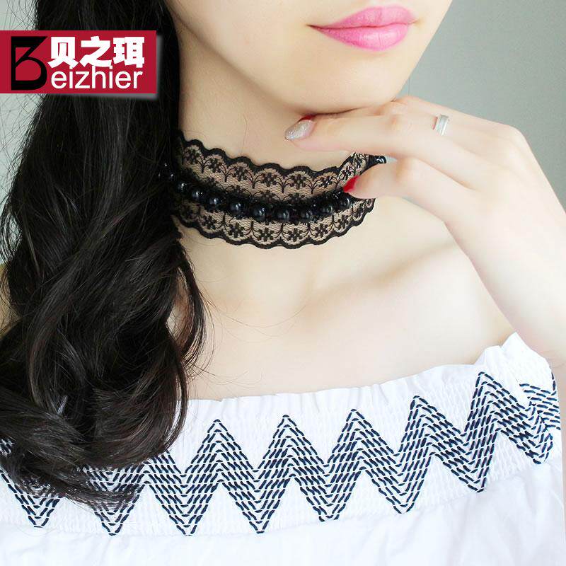 贝之珥韩版脖带项圈女 原宿复古黑色宽边蕾丝编珠颈带短款锁骨链