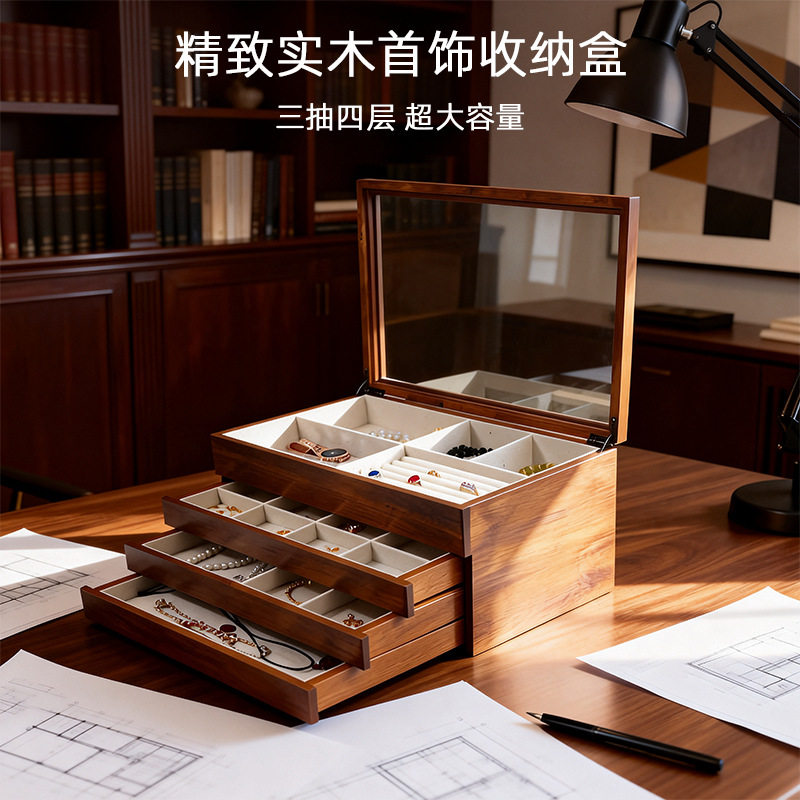 首饰收纳盒高档精致实木饰品盒超大容量抽拉式黄金饰品收纳盒定制