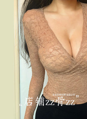 ZZ骨ZZ秋季新款法式复古优雅气质女人味V领蕾丝褶皱半透明长袖T恤
