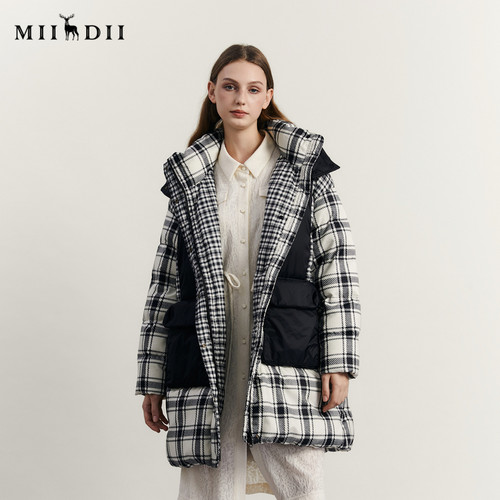 谜底连帽中长羽绒服格子拼接鸭绒保暖234MY1500