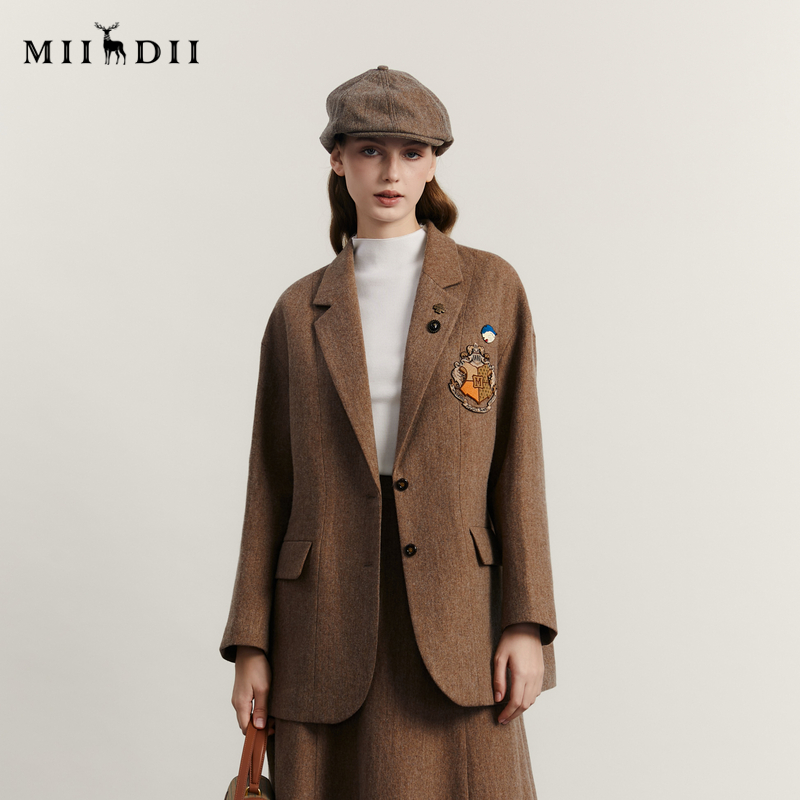 谜底毛呢西装宽松中长款西服女234MW1465