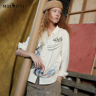 谜底主题印花衬衣文艺纯棉衬衫 251MC0048