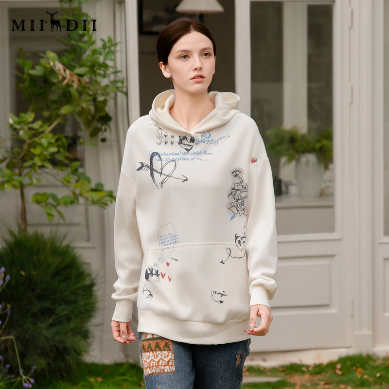 谜底连帽卫衣女士印花简笔画宽松上衣251MV5007