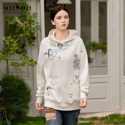 谜底连帽卫衣女士印花简笔画宽松上衣251MV5007