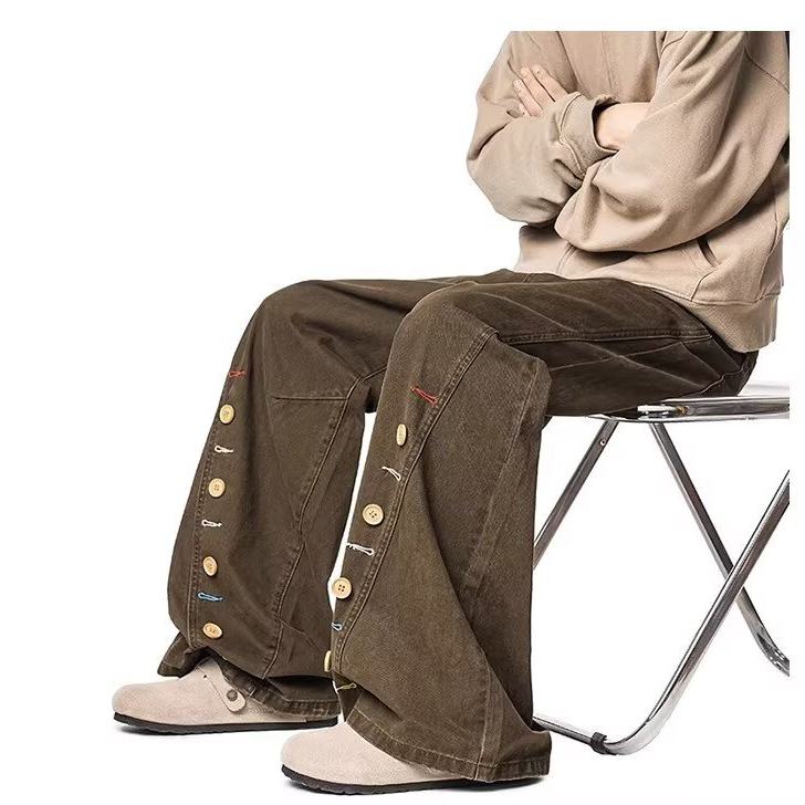 美拉德纽扣设计弯刀裤子复古潮牌休闲长裤咖色高街vintage阔腿裤,男装,休闲裤,淘宝优惠券,粉丝福利购,淘宝优惠卷