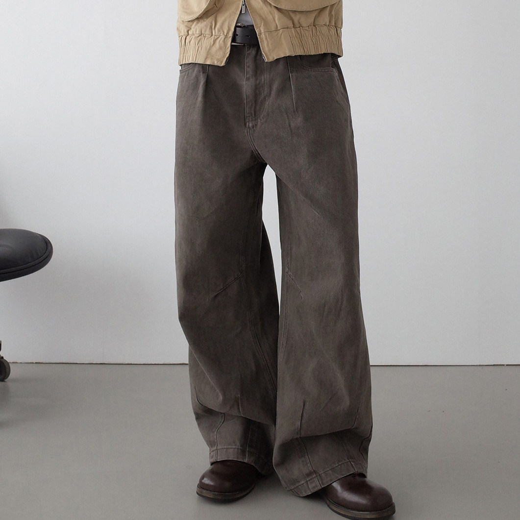 美式复古水洗做旧结构弧形牛仔裤