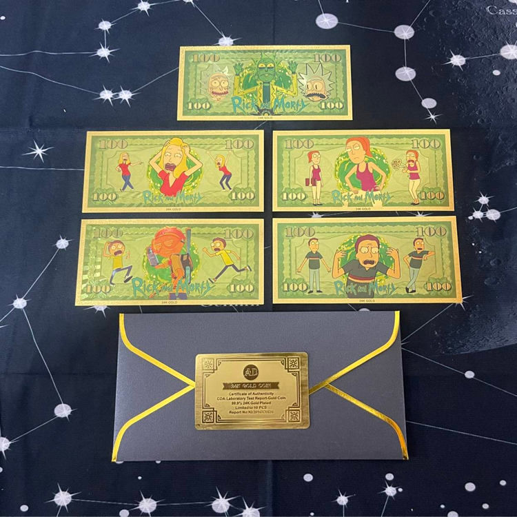卡通动漫瑞克an莫蒂纪念钞周边便宜精致金箔全套收藏手办摆件