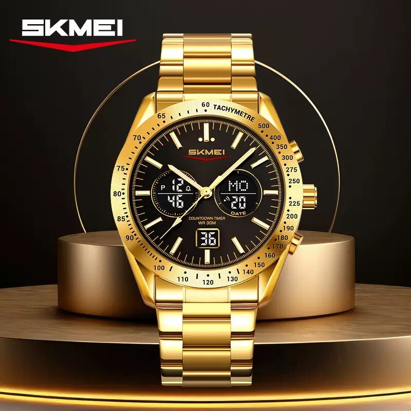 时刻美时尚多功能电子表男士夜光防水双显钢带手表金色个性潮流