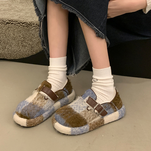甜桃邮递员秋冬棉鞋勃肯鞋加绒一脚蹬增高休闲法式复古毛毛鞋