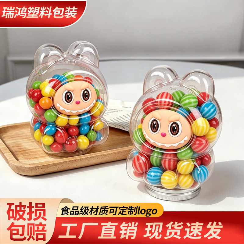 500ml网红拉布布水果杯labubu果切包装透明塑料卡通小怪兽果汁瓶