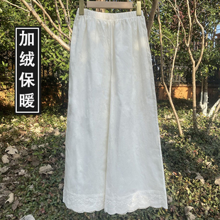 秋冬加绒刺绣花边汉服打底裤上新 不静电 高腰旗袍古风纯棉休闲裤