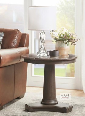 har美式ouse轻奢实木黑橡色客厅大理石面休闲桌沙发桌几边几角几