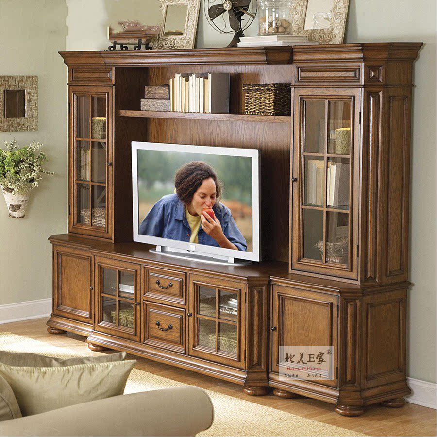 美式乡村实木组合电视柜别墅客厅蜂蜜色复古置物边柜收纳柜视听柜