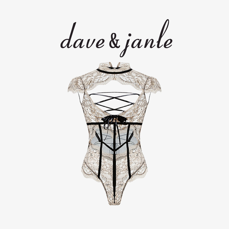 英国 Dave&Janle 蕾丝性感蝴蝶结绑带镂空诱惑连体文胸套装礼盒装
