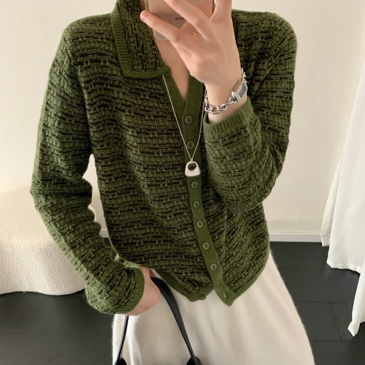 可可lo领花线编织设计休闲时尚长袖针织开衫（含559绵羊毛）96012