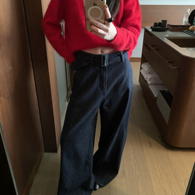 TABLE-深蓝色高腰阔腿裤显瘦百搭时尚气质牛仔裤(不配腰带)1120-1