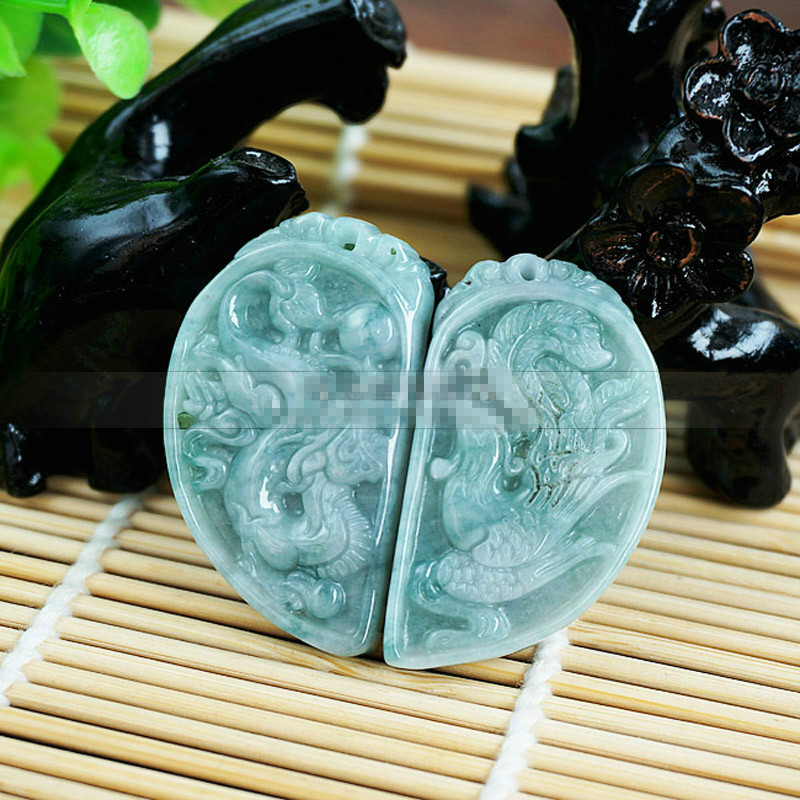 带证书 项坠情侣款玉吊坠一对 缅甸翡翠龙凤玉佩