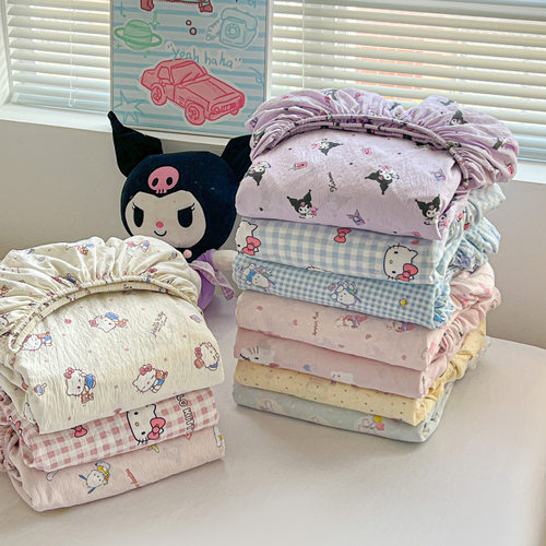 外贸三丽鸥云感双层纱卡通印花床笠 皱皱纱四季款床罩三件套批发