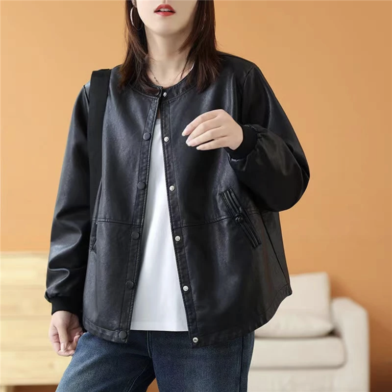 皮衣外套女2025春秋新款韩版宽松大码休闲百搭圆领机车皮夹克上衣