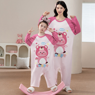 女童连体亲子母女睡衣纯棉小海狸春秋长袖 宝宝睡觉防踢卡通中大童