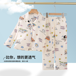 女童睡衣春秋翻领开衫泡泡棉长袖套装卡通蜡笔小新女孩薄款家居服