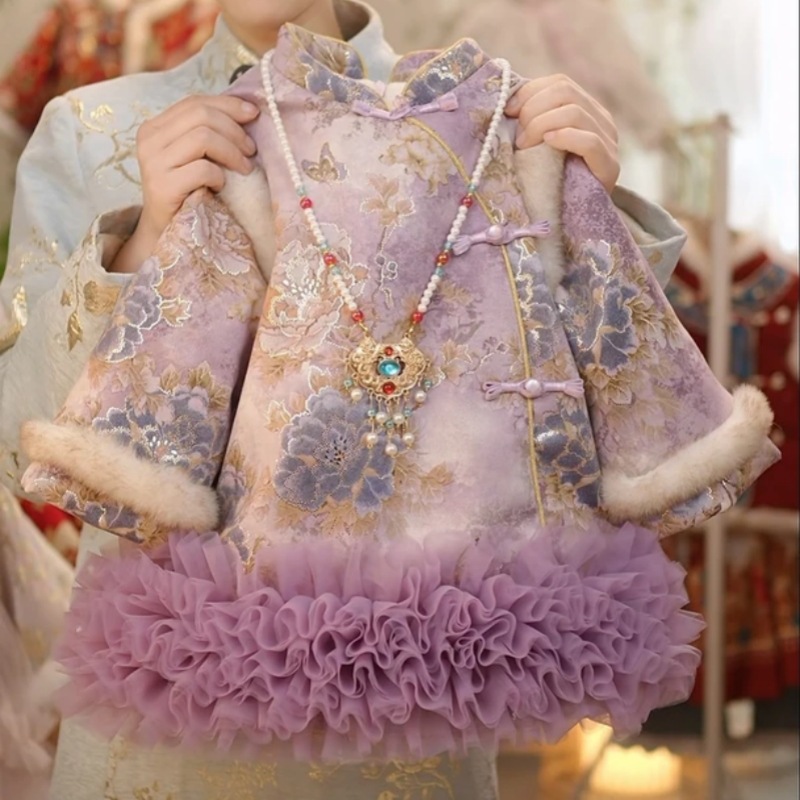 女童童装汉服新年新中式绣花女宝宝紫色提花加绒夹棉旗袍裙