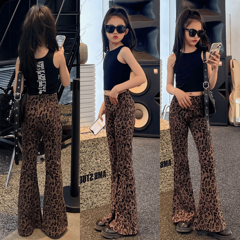 女童显瘦显腿长豹纹喇叭裤裤子