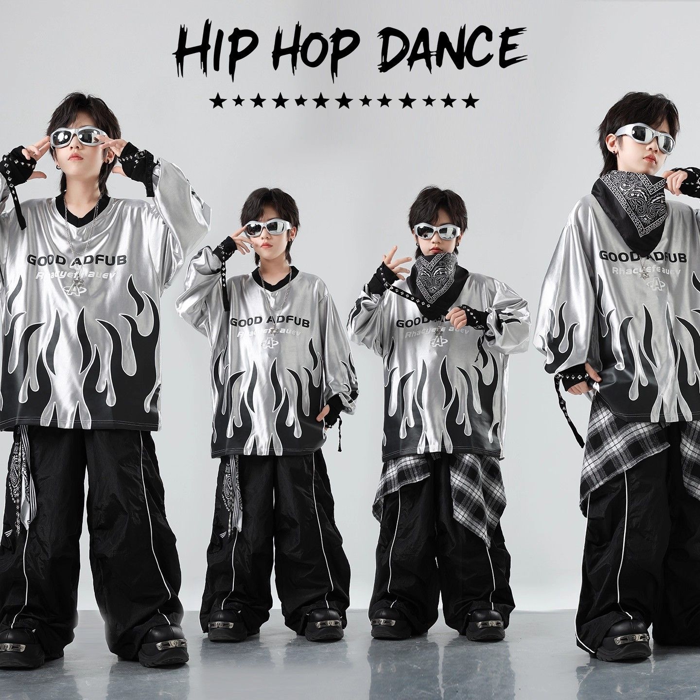街舞演出服男童嘻哈hiphop潮酷宽松套装火焰少儿长袖t恤表演服装