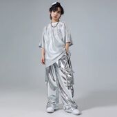 嘻哈童装 子 裤 潮牌街舞儿童中大童潮服男童套装 hiphop炸街银色短袖