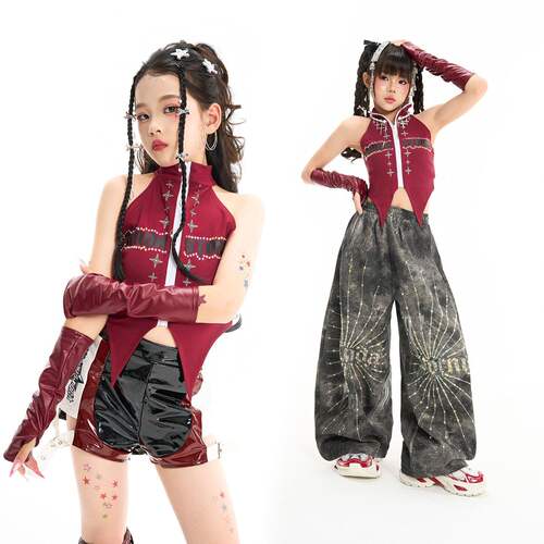 女童街舞爵士舞hiphop潮酷百搭亮钻背心长裤套装儿童舞蹈表演出服